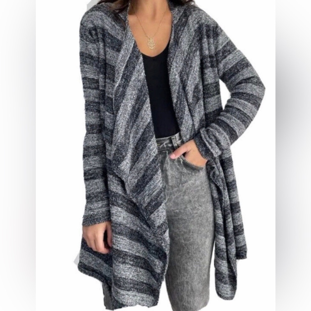 Barefoot Dreams Bamboo Chic Lite Black Gray Stripe Calypso Wrap Cardigan Sweater